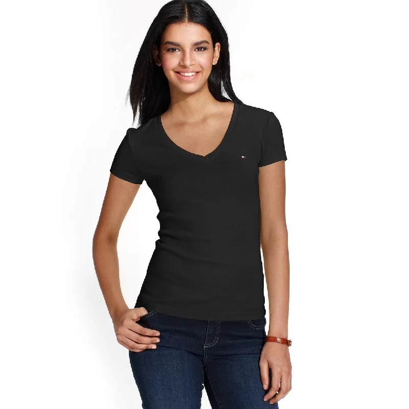 College T-ShirtsTommy Hilfiger Women's V-Neck T-Shirt Black Size XX-Large