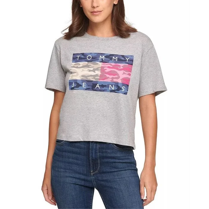 Graphic T-ShirtsTommy Jeans Women's Cropped Flag T-Shirt Gray Size Extra Large - X-Large