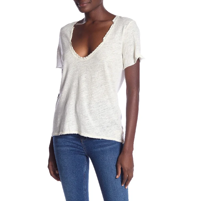 Outdoor T-ShirtsFree People Women's Linen Crochet Trim T-Shirt Ivory Size Extra Small - X-Small