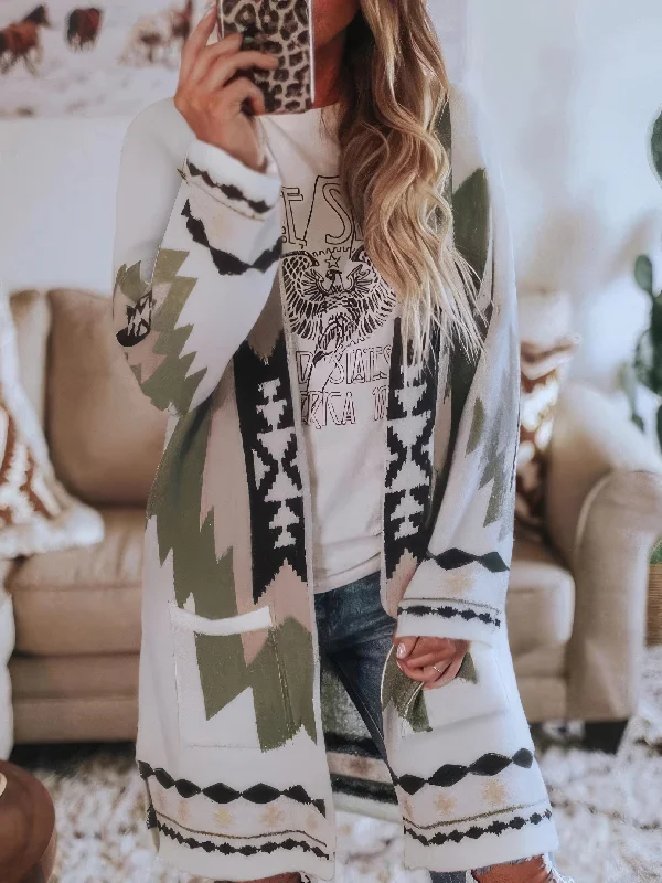 Geometric Pattern Open Front Cardigan