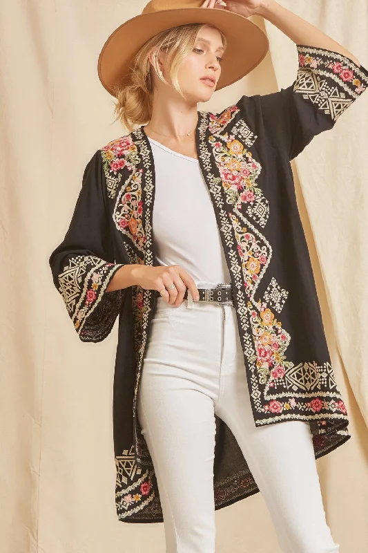 Embroidered Long Cardigan, Black