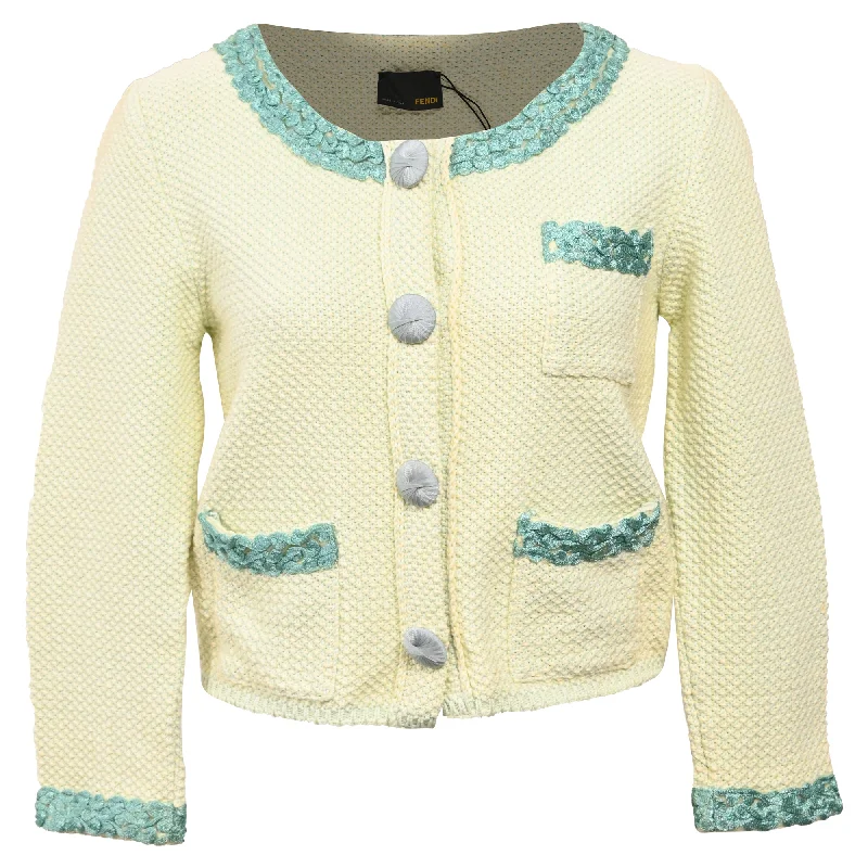 Fendi Knitted Embellished-Buttons Cardigan in Yellow Cotton