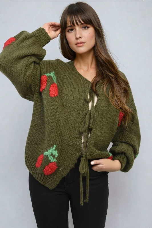 Tie Front Cherry Print Knitted Cardigan