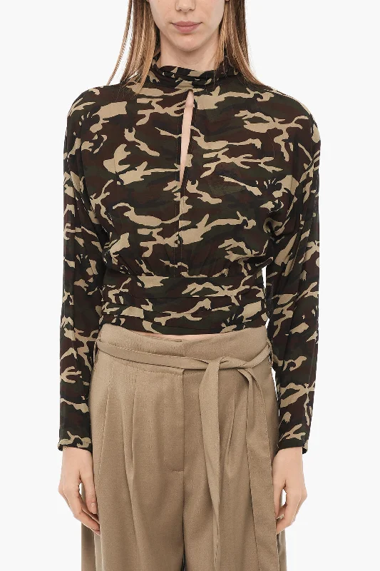 SEMICOUTURE Camouflage Cropped Blouse with Cut Out Detail 44 Italian sizeCroptoptimeless