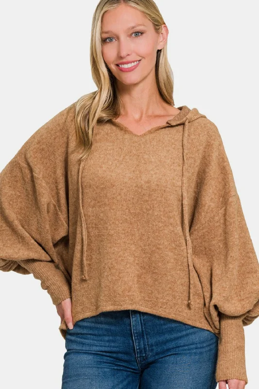 Cozy Camel Brushed Hacci Cropped Hoodie with Drop ShoulderCroptopstyle