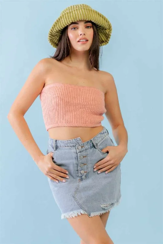 Dusty Peach Knit Strapless Crop TopCroptopstretch