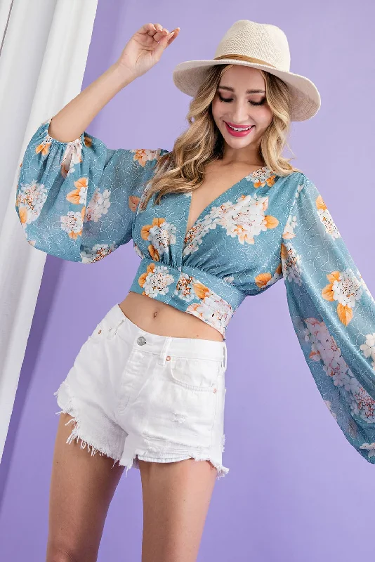 ee:some Cropped Long Sleeve Blouse With Adjustable Back Tie In Floral SageCroptopartisan