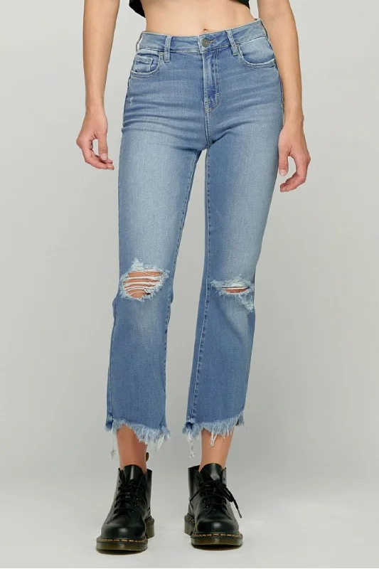 Hidden Jeans Happi Crop Flare With Frayed Uneven Hem In Medium WashCroptopstripes