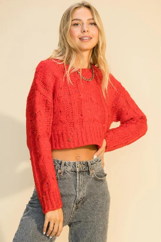 Hyfve Double Zero Crew Neck Cable Crop Popcorn Sweater In Red Or Smoke BlueCroptoptech