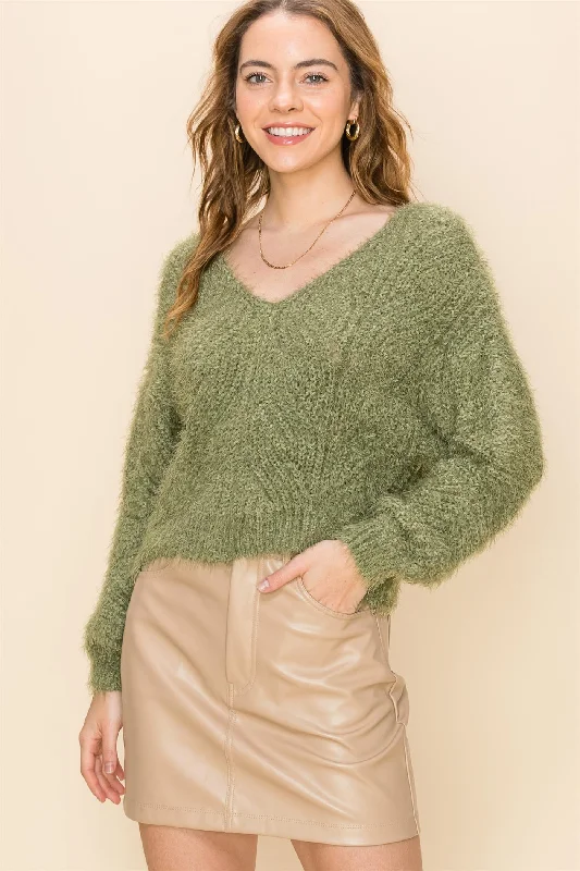 Hyfve Furry Crop V Neck  Sweaters In Olive Or RoseCroptopcollector