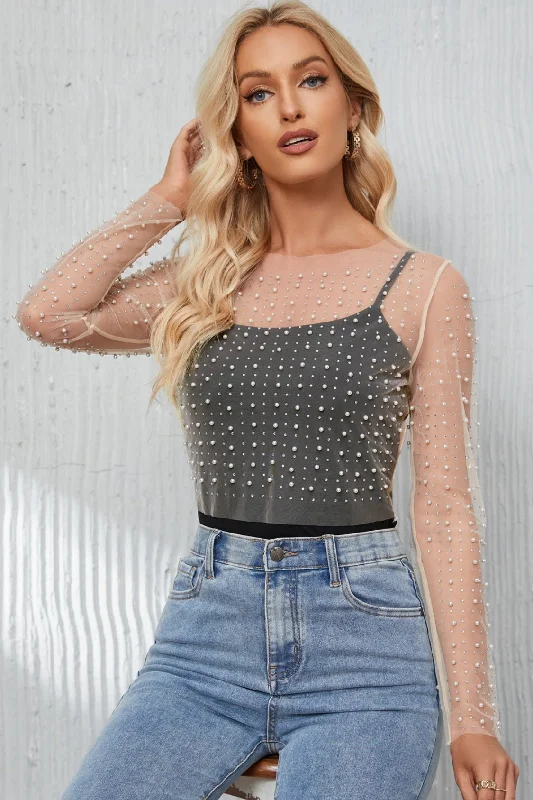 Pearl Long Sleeve Mesh Cropped TopCroptopcyber