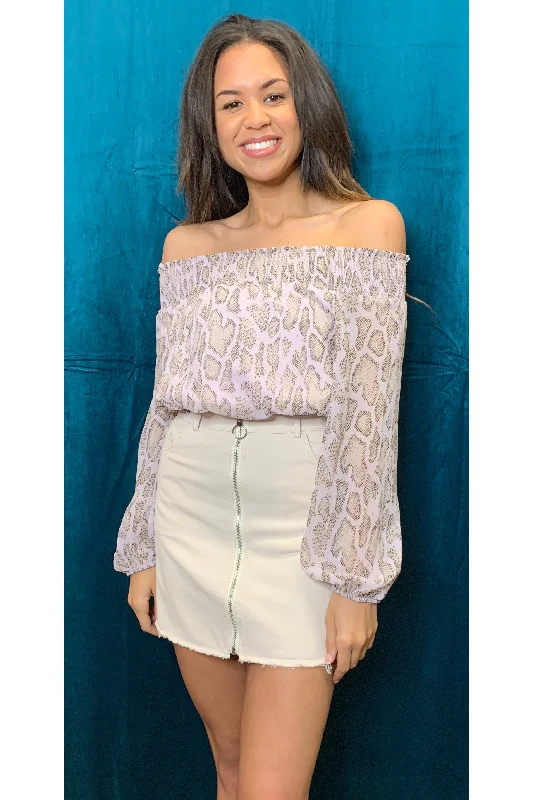 She And Sky Pink Snake Print Off The Shoulder Crop TopCroptopwool