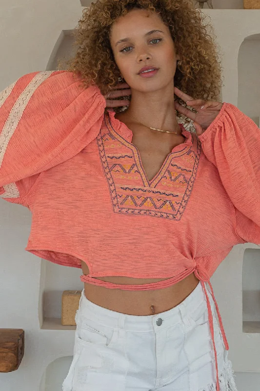 POL Coral Embroidered Crop Poets BlouseCroptopAI