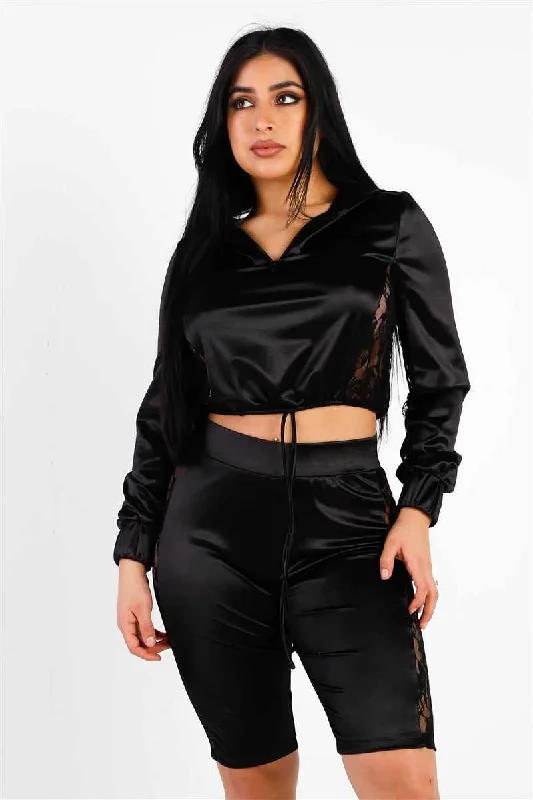 Satin Lace Details Long Sleeve Hooded Crop Top & Biker Short SetCroptopapp