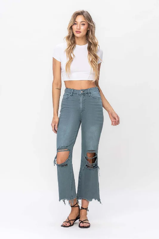 Vervet by Flying Monkey 90's Vintage Super High Rise Crop Deconstructed Flare Jeans In Mallard GreenCroptoptailor