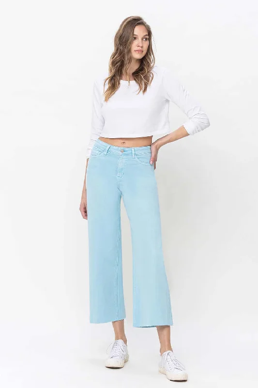 Vervet by Flying Monkey High Rise Crop Wide Leg Jeans In Pastel TurquoiseCroptophem