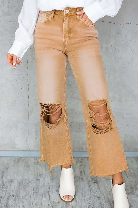 Caramel Distressed High Waist Cropped Flare DenimCroptopstretch