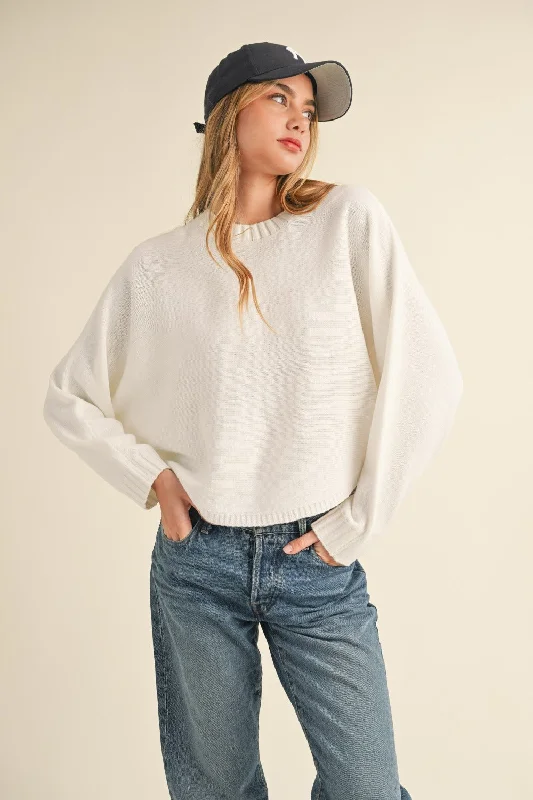 Off White Round Neck Dolman Sleeve Cropped SweaterCroptophem