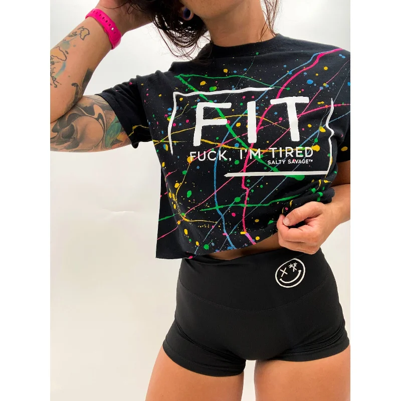 Salty Savage Ladies “FIT Fuck, I’m Tired” Paint Splatter Crop TeeCroptopstyle