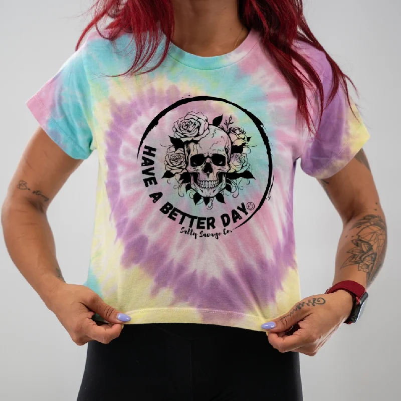 Salty Savage Ladies “HAVE A BETTER DAY" Spiral Tie Dye Crop TeeCroptoplegend