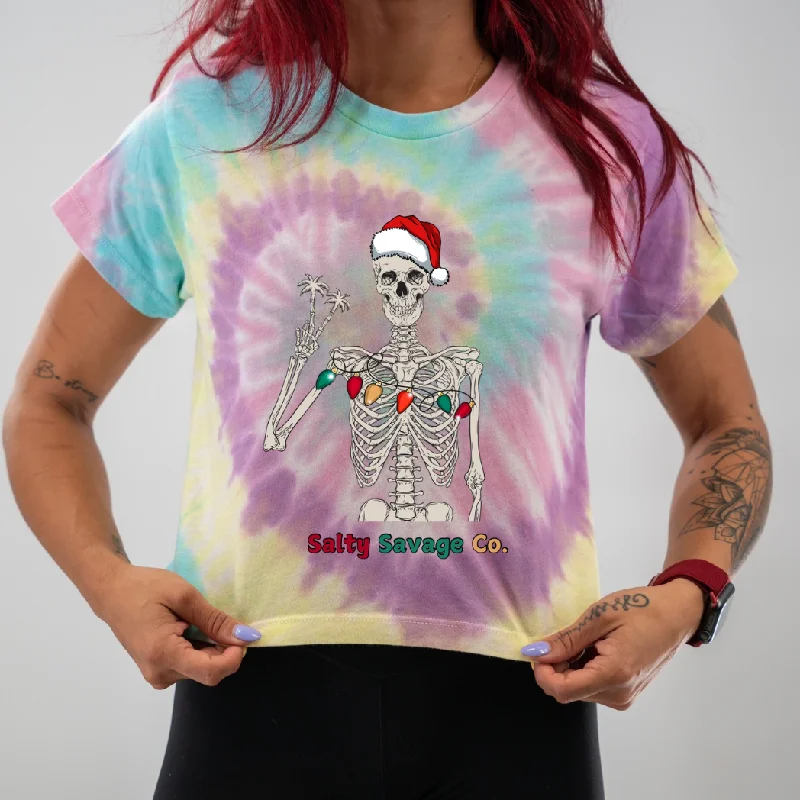 Salty Savage Ladies "Holiday Peace Skeleton” Spiral Tie Dye Crop TeeCroptopwoven